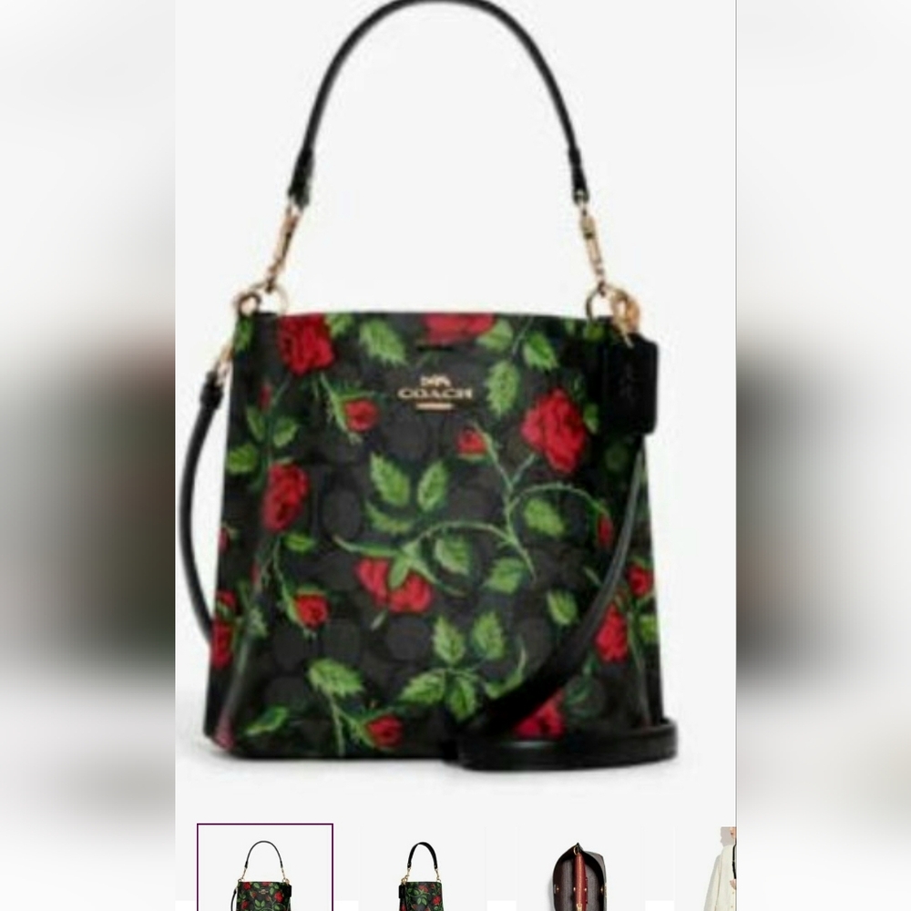 Coach Black Leather Bucket Bag with Red Rose Print